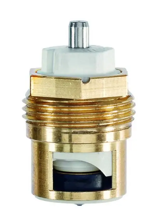 Thermostat-Oberteil aus Messing und Kunststoff, vermutlich von IMI Hydronic Engineering, mit einer zentralen Verbindung und einer Öffnung zur Regulierung des Wasserdurchflusses.